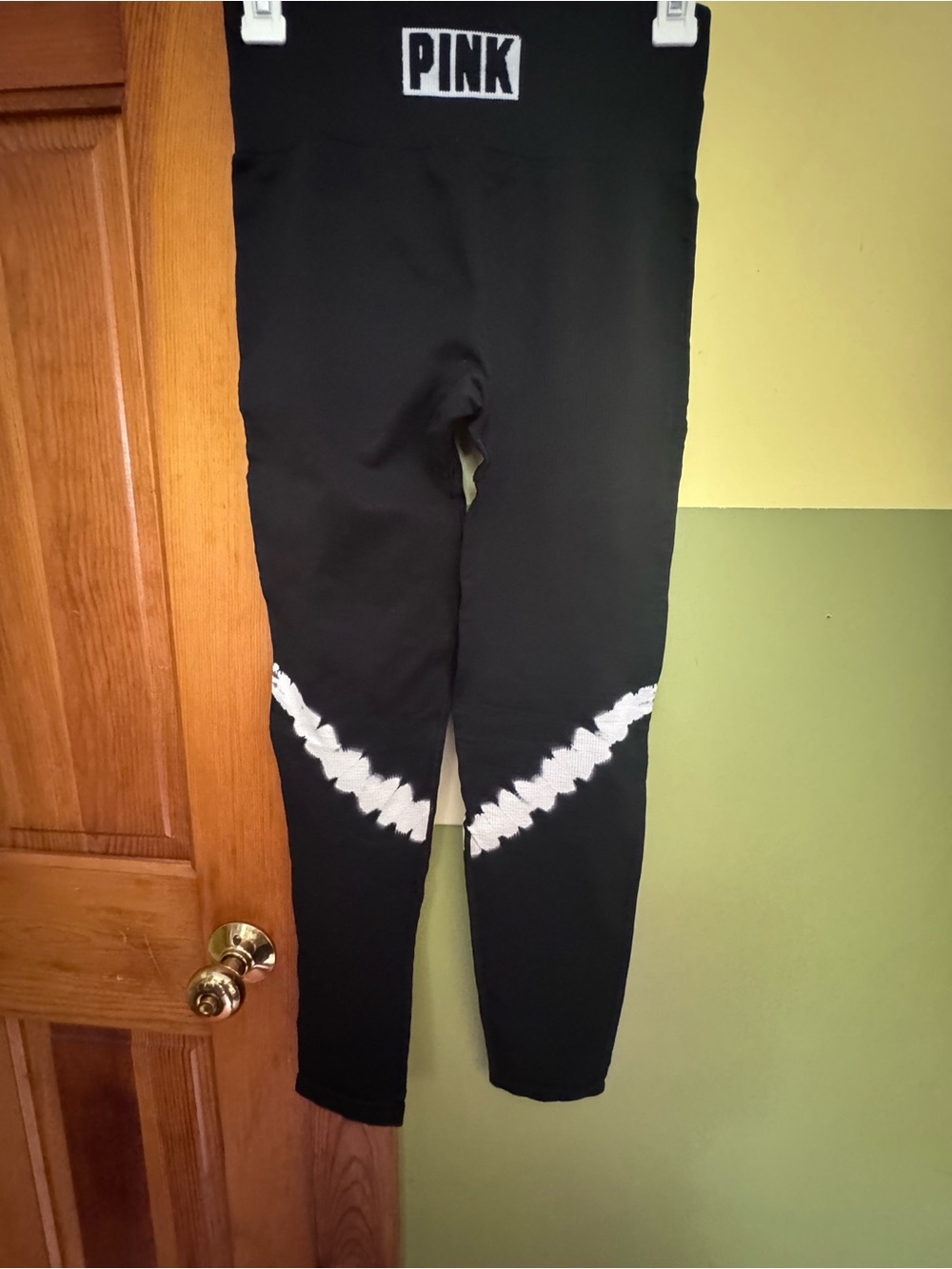 PINK Victoria's Secret Black Leggings with White Tie-Dye Knee Detail